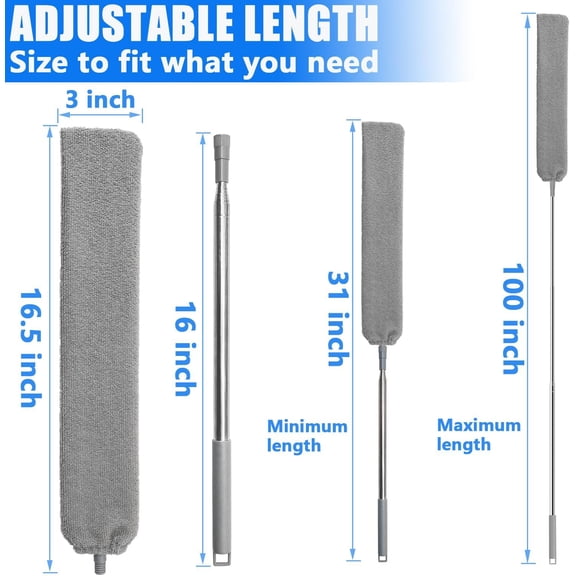 GVDCC-100 inches Retractable Gap Dust Cleaner Cleaning Tools with 4 Microfiber Dusting Cloths Long Handle, Washable and Retractable Duster Brush for Cleaning Under Appliances Furniture Couch Fridge