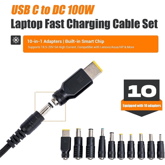 GVDCC -100W USB-C DC Laptop Cable, PD 20V 5A, 10 DC Connector Tips | Full 10-Piece DC Plug Set, Overvoltage Overheat Protection, Works For Laptop, Monitor, Router, For Daily Portable Use