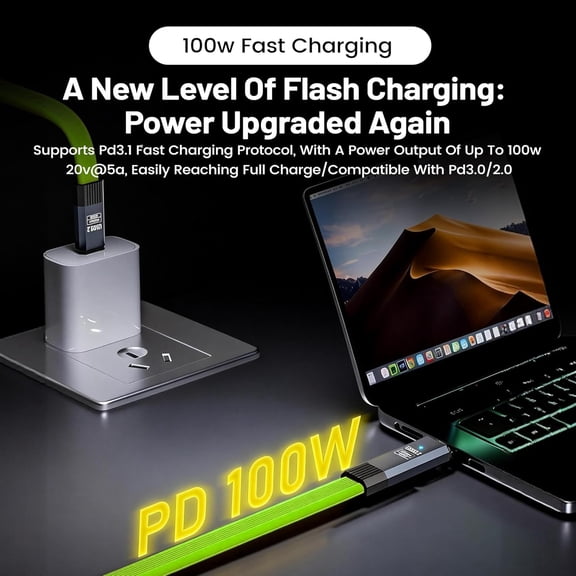GVDCC -100W USB-C Short Fast Charging Cable Type-C Male to Male FPC Flexible Ribbon Cable USB 3.2 Data Cable for Mobile Phones,Power Banks,Laptops,etc (Green -0.2M)