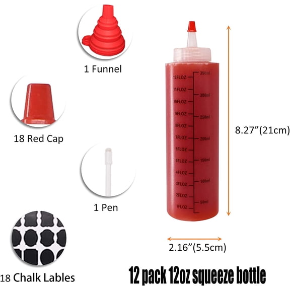 GVDCC-12 Pack 12-Ounce Plastic Squeeze Squirt Condiment Bottles with Red Tip Caps and Measurement - Good for Condiments, Oil, Icing, Crafts, Art, Glue, Multi Purpose(with Graduated)