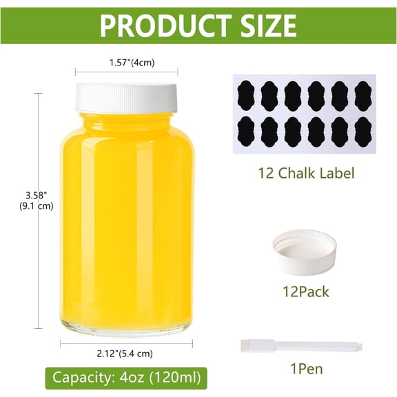 GVDCC-12 Pack 4 oz Glass Juice Shot Bottles with Caps, 120 ml Empty Wellness Shot Bottle, Reusable Clear Glass Bottles with Lids for Juice, Ginger Shots and Homemade Beverages