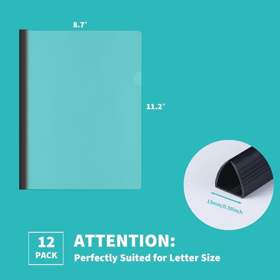 GVDCC-12 Pack Heavyduty Clear Report Covers with Sliding Bars, 110 Sheet Capacity, 15mm Sliding Bar File Folder, Letter Size, 8 Mil Thick, Black, for Students and Coworkers