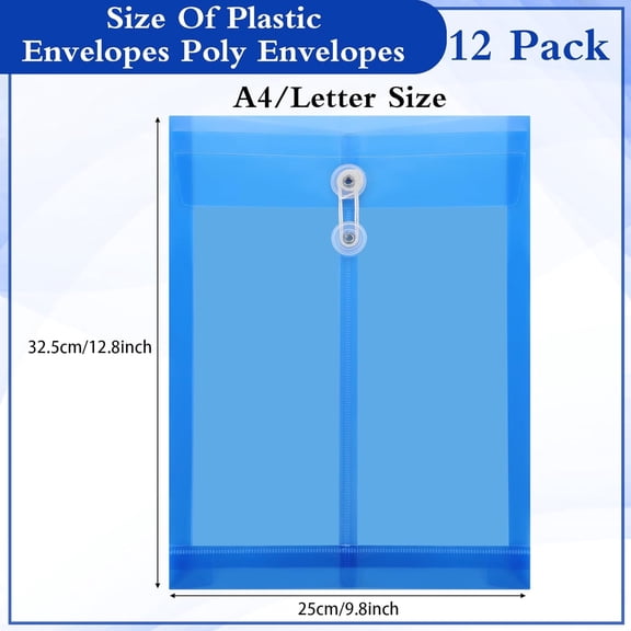 GVDCC-12 Pack Plastic Envelopes with Button and String Tie Closure Expandable Poly String Envelopes Plastic File Folder Letter A4 Size 1-1/4 Inch Expansion(Blue)