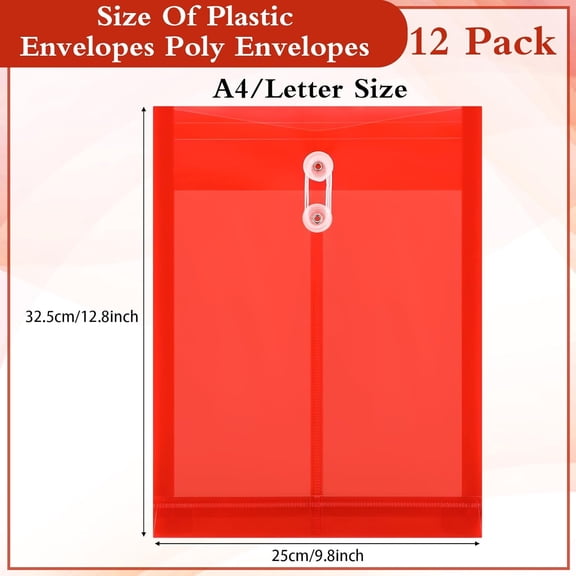 GVDCC-12 Pack Plastic Envelopes with Button and String Tie Closure Expandable Poly String Envelopes Plastic File Folder Letter A4 Size 1-1/4 Inch Expansion(Red)
