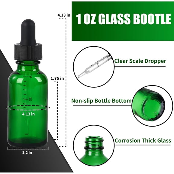 GVDCC-12 Pcs, 1oz Glass Dropper Bottle, Leakproof Tincture Bottles with Dropper, Green Reusable Eye Dropper Bottle for All Kinds of Liquids (Green, 1oz-12pcs)