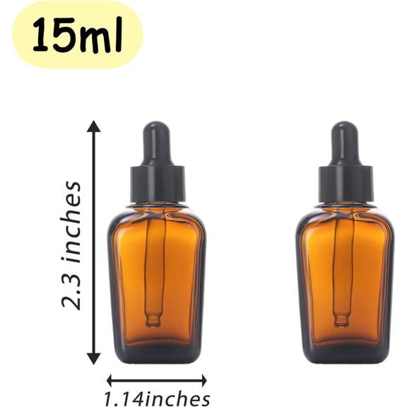 GVDCC-12Pcs 15ml Square Dropper Bottles for Essential Oils, 15ml Square Glass Bottles with Eye Droppers,Tincture Bottles,for Essential Oils,Liquids,perfume Travel (Amber/Black cap, 15ml)