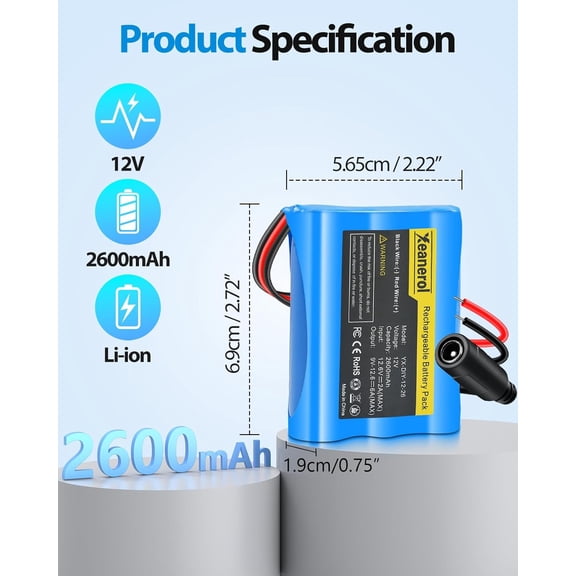 GVDCC-12V 2600mAh Rechargeable Li-ion Battery Pack with Charger, Bare Leads Wire Replacement Lithium Battery Compatible with 12 Volt Devices RC Car, Boat, Robot, DIY, LED Light Strip, CCTV Camera