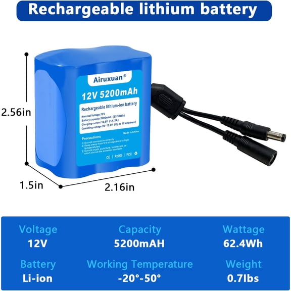 GVDCC-12V 5.2Ah Lithium Battery Pack with DC5521 Plug, 12Volt Lithium Battery 1A Charger for LED Strips, CCTV Cameras and DIY Projects