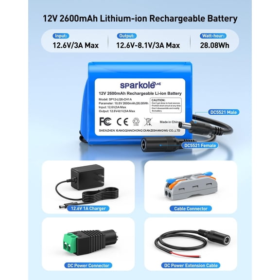 GVDCC-12V Rechargeable Lithium ion Battery 2600mAh with Charger, Bare Leads, 12v Battery Pack DC5521 Port for LED Strip, Router, Radio, CCTV Camera, DIY Project, Solar Panel, Telescopes etc