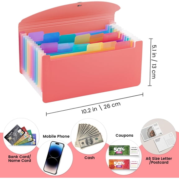 GVDCC-13 Pocket A6 Receipt Organizer, 2 Pack Small Accordion File Organizer, Coupon Organizer with Labels - Pink