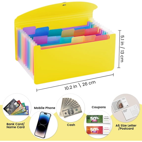GVDCC-13 Pocket A6 Receipt Organizer, 2 Pack Small Accordion File Organizer, Coupon Organizer with Labels - Yellow