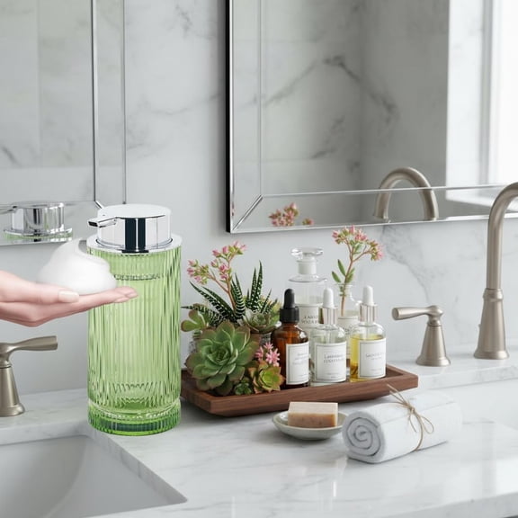 GVDCC-14 Oz Foaming Soap Dispenser, Green Glass Soap Dispenser, Refillable Foam Pump Bottle Lotion Container with Silver Pump, Decorative Slim Ribbed Bottle for Bathroom and Kitchen Decor