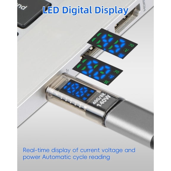 GVDCC -140W USB C Adapter, 40Gbps/8K USB C Male to Female Extender Connector, USBC LED Digital Display Power Meter Tester for Phones, PC, Laptop Fast Charging and Detect (140W Male to Female)