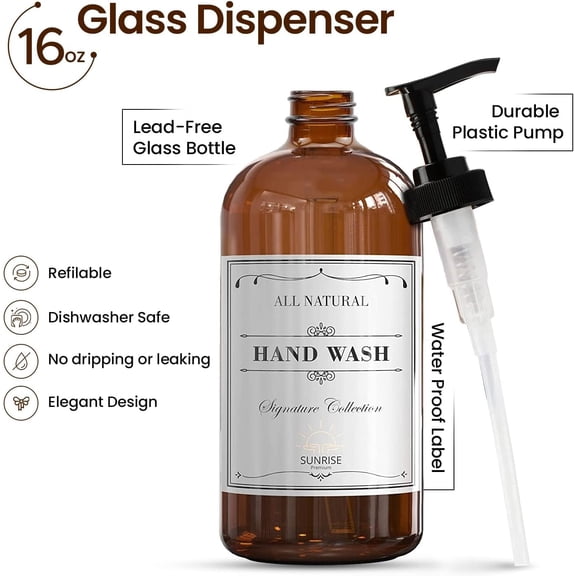 GVDCC-, 16 OZ Thick Amber Glass Soap Dispenser with Pump 2 Pack, Hand and Dish Soap Dispenser Set for Bathroom with 6 Waterproof Labels