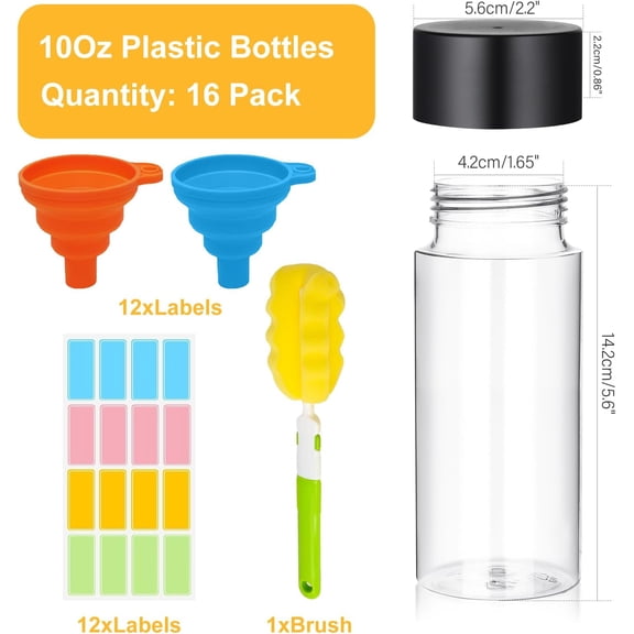 GVDCC-16 Pack Clear Plastic Bottles Empty Sensory Bottles with Caps Reusable Juice Bottles Drink Containers Leakproof Water Bottle for Juice Milk (Black Lids, 10 oz / 300 ml)