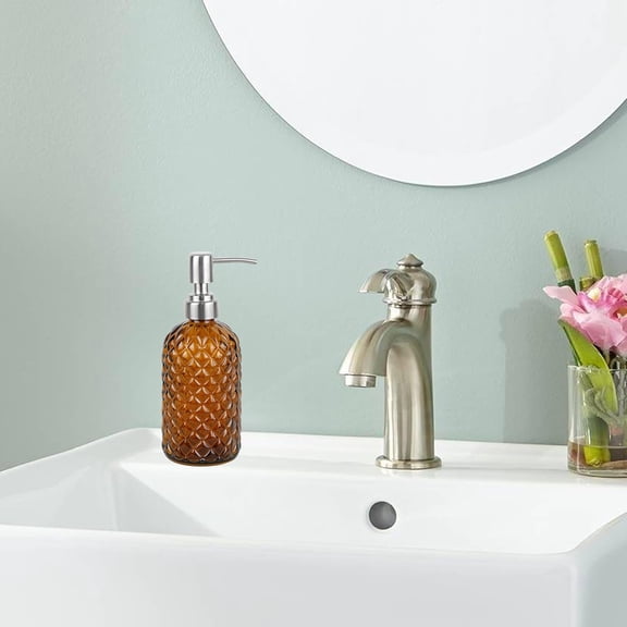 GVDCC-16 oz Diamond Pattern Glass Soap Dispenser, Kitchen and Bathroom Refillable Soap Dispenser with Rust Resistant Stainless Steel Pump for Hand Soap, Lotion Glass Liquid Dispenser(Amber)