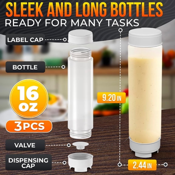 GVDCC-16 oz Inverted Condiment Squeeze Bottles Set of 3 Leakproof Clear Sauce Bottles Squeeze with Self-Closing Valve and Sealing Gaskets Easy-Fill for Ketchup, Mustard, BBQ, Dressings | Kitchen