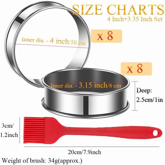 GVDCC-16Packs English Muffin Rings Crumpet Rings 4 inch Stainless Steel Double Rolled Tart Rings 4 inch & 3.15 inch, Round Metal Cooking Pastry Ring Molds for cookies, pancakes,