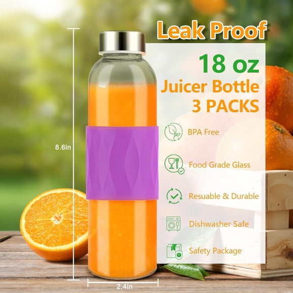 GVDCC-18 oz Glass Water Bottles with Lids, 3 Pack Leak Proof Juice Bottles With Stainless Steel Cap for Juicing, Smoothie, Homemade Beverages Container, Reusable Drinking Jar with Grip Band, BPA Free