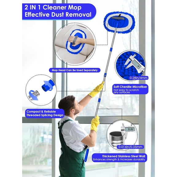 GVDCC-2 in 1 Lightweight Wall Cleaner Mop with Long Handle 75" 190cm Lint-Free Duster Cleaning Tool 2 Replacement Microfiber Chenille Pads for Kitchen Baseboard Ceiling Floor Window Door Scrubber Bru