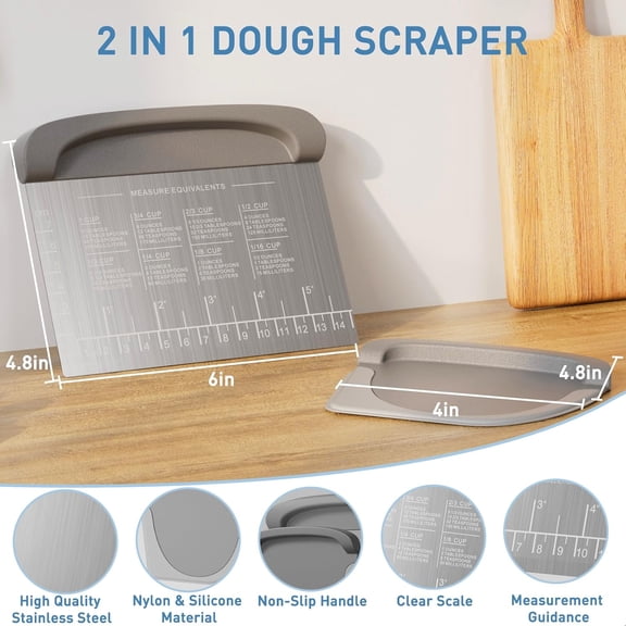 GVDCC-2 IN 1 Upgrade Bench Scraper, Dough Scraper for Pastry Bread Cake Pizza, Stainless Steel Dough Cutter with Conversion Chart & Measuring Scale, Bowl Scraper Food Scraper for Kitchen Baking, Gray