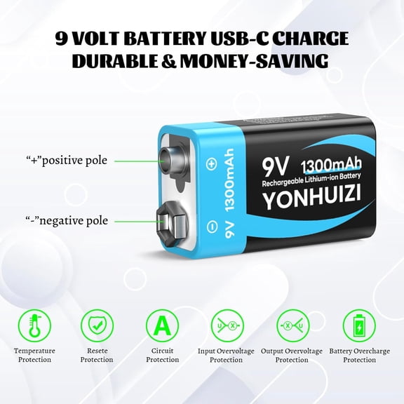 GVDCC-2-Pack 1300mAh Rechargeable 9V Batteries, 9 Volt Lithium-ion Square Battery Long Lasting Power+Clip Connector and Storage Box for Smoke Alarms, Student Experiment or Other Equipment