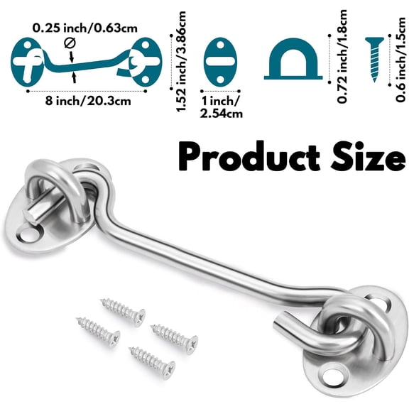 GVDCC-(2 Pack) 8 Inch Privacy Hook and Eye Latch for Barn Door, Stainless Steel Gate Latch Barn Door Lock Cabin Hooks for Gate Shutters Window Slide Barn Shed Cabinet Bathroom, Silver