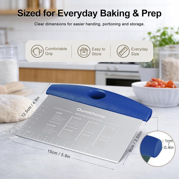 GVDCC-2 Pack Bench Scraper Dough Cutter, Stainless Steel Dough Scraper with Laser-Etched Scale, Conversion Chart, Non-Slip Handle, Dishwasher Safe for Bread & Pastry, Blue