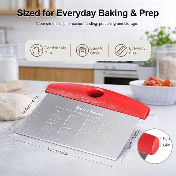 GVDCC-2 Pack Bench Scraper Dough Cutter, Stainless Steel Dough Scraper with Laser-Etched Scale, Conversion Chart, Non-Slip Handle, Dishwasher Safe for Bread & Pastry, Red