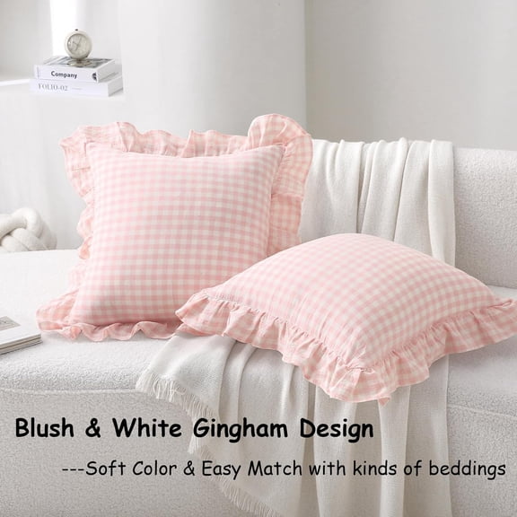 GVDCC-2 Pack Blush White Plaid Ruffle Gingham Throw Pillow Covers, 100% Washed Cotton Checkered Farmhouse Decorative Pillow Shams for Bed/Sofa - 18''x18''