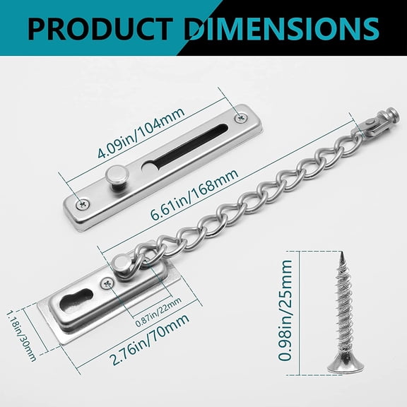 GVDCC-2 Pack Door Chain Lock Door Chain Guard with Spring, Anti-Theft Press Lock, Stainless Steel Heavy Duty Security Chain Locks for Door, Window and Home Security - Silver