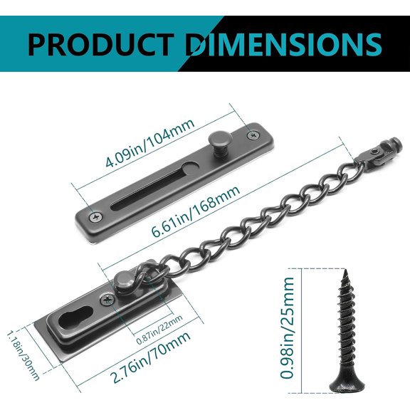 GVDCC-2 Pack Door Chain Lock with Spring, Stainless Steel Security Chain Guard, Anti-Theft Press Lock for Window - Black