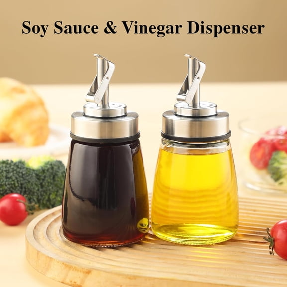 GVDCC-2-Pack Glass Oil Dispenser Bottle with Stainless Steel Spout, Automatic Opening Lid, for Cooking Oil, Vinegar, Sauces, Syrup, 6OZ