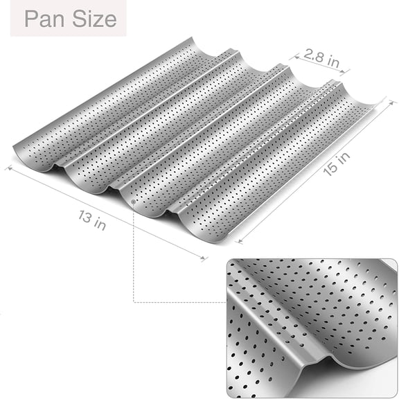 GVDCC-2 Pack Nonstick Perforated Baguette Pan 15" x 13" for French Bread Baking 4 Wave Loaves Loaf Bake Mold Oven Toaster Pan (Silver)