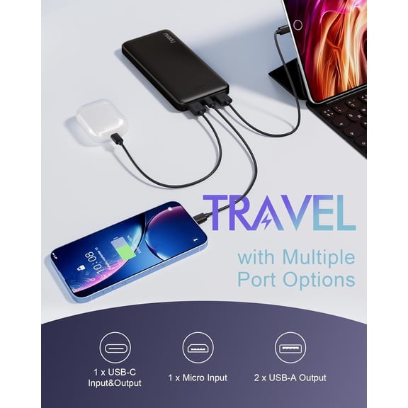 GVDCC-2-Pack Portable Charger, Slim 10000mAh Power Bank Travel Battery Pack | Dual USB3 Outputs 2 Inputsfor Backpack Travel CampingSlimCompatible with iPhone Android etcFlight-Safe37WhBlack+Bl