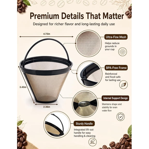 GVDCC -2 Pack Reusable #4 Cone Coffee Filter Compatible with Coffee Maker Machines, Permanent Replacement Basket Filter for 8-12 Cup Coffee Maker, BPA Free Stainless Steel Mesh