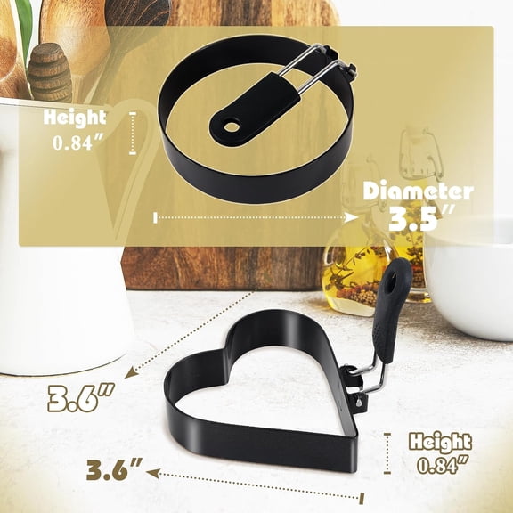 GVDCC-2-Pack Round+Heart Egg Rings Set with Silicone Handle, Stainless Steel Egg Cooking RingsNonstickFor Frying Eggs and English Muffins Pancake, Egg Mold Shaper For Breakfast