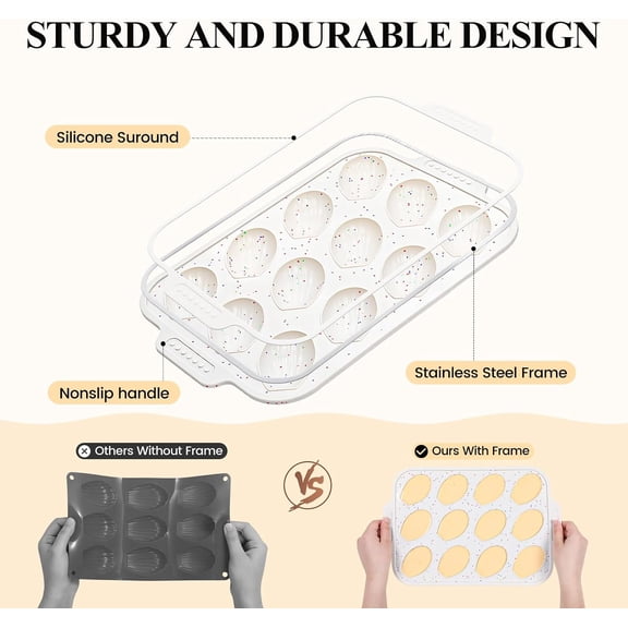GVDCC-2-Pack Silicone Madeleine Pan with Metal Reinforced Frame, 12-Cavity Shell Shape Madeleine Mold with Non-Slip Handle, Nonstick Madeleine Cookie Trays for Oven, BPA Free, Dishwasher Safe- Cream