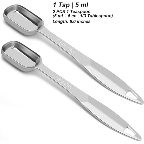 GVDCC-2 Pcs 1 Teaspoon(5 mL | 1 Tsp | 1/3 Tbsp | 5 cc | 1/6 oz) Stainless Steel Single Measuring Spoon, Long Handle Metal Measuring Spoon, Kitchen Gadgets for Cooking & Baking
