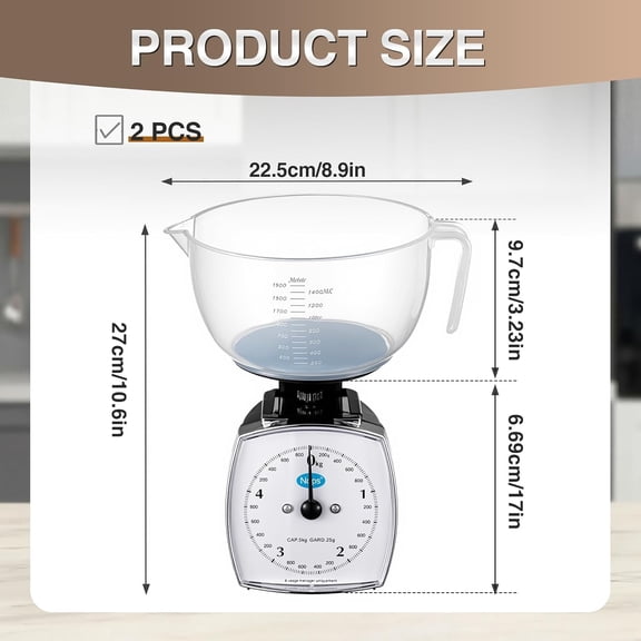 GVDCC-2 Pcs 11lb Analog Food Scale with Removable Measuring Cup Kitchen Mechanical Weighing Dial Scale for Novice and Experienced Cooks Cooking, Baking, Food Preparation