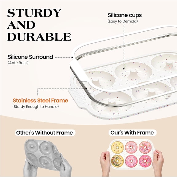 GVDCC-2 Pcs Silicone Donut Pan for Baking with Metal Reinforced Frame Nonstick 6 Cavity Donut Molds Doughnut Tray 3.25 Inch Large Bagel Molds(Cream)