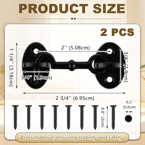 GVDCC-2 Pieces 2.75 Inch Brass Hook and Eye Latch Gate Door Latch Cabin Hook Lock Door Lock Hardware Best for Window, Sliding, Shed, Fence, Gate, Cabinet, Bathroom, Closet (Black)