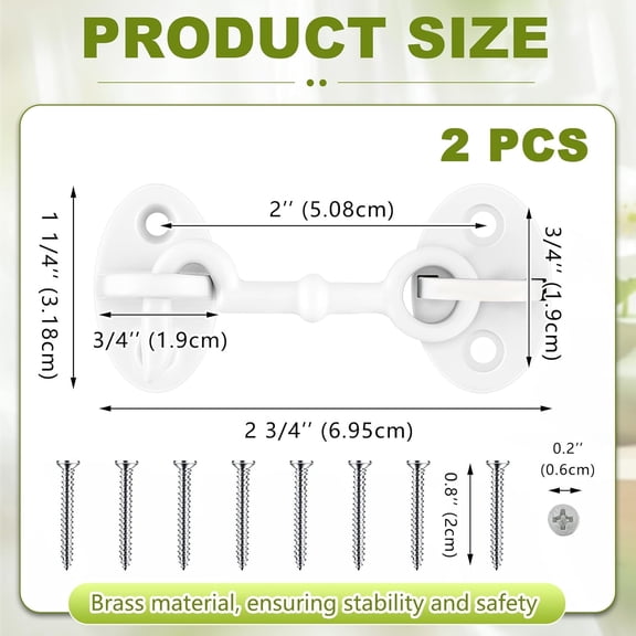 GVDCC-2 Pieces 2.75 Inch Brass Hook and Eye Latch Gate Door Latch Cabin Hook Lock Door Lock Hardware Best for Window, Sliding, Shed, Fence, Gate, Cabinet, Bathroom, Closet (White)