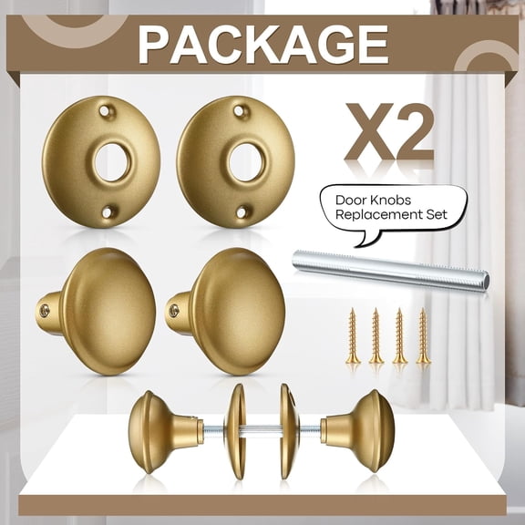 GVDCC-2 Sets Interior Door Knob Set with Spindle, Round Rosettes, Old Style Door Knob Replacement with Electroplate Design, 2.2in. Outside Diameter for Interior (Gold)