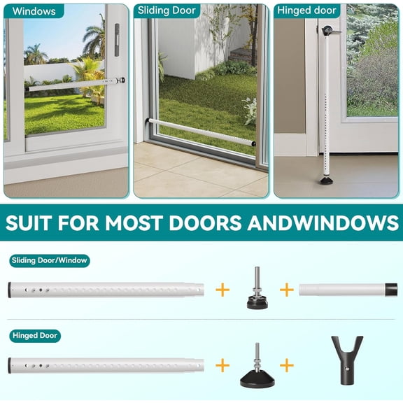 GVDCC-2-in-1 Sliding Door Security Bar and Window Security Bar, 16.5-48inch Adjustable Multi-use Window Bars Security Inside, Patio Door Safety Stopper for Home, Apartment, White (1 Pcs)