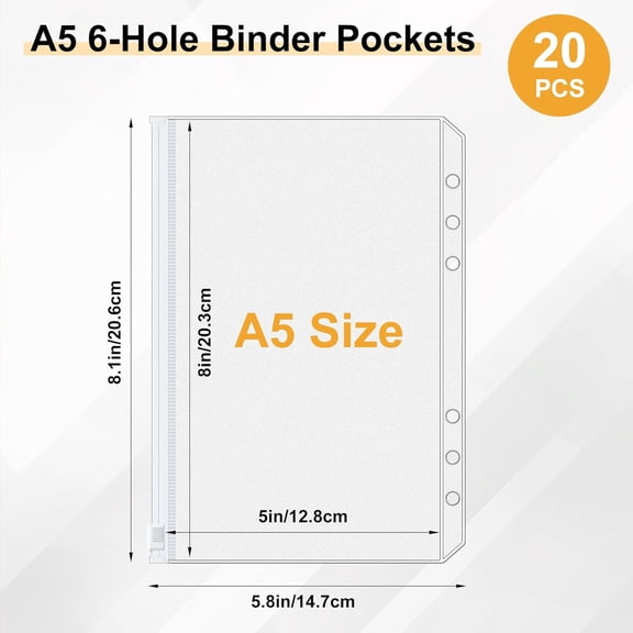 GVDCC-20pcs A5 Binder Pockets 6-Hole Budget Planner Inserts Cash Stuffing Envelopes for Money Organizer, White Zipper Pouch Folders Waterproof PVC Loose Leaf Filling Bags for A5 6-Ring Savings Binder