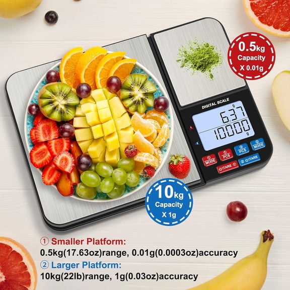 GVDCC-22lb Dual Platform Digital Kitchen Scale, Stainless Steel Food Scale with 22lb and 17.6oz Precision Capacity (0.01oz/0.001oz), 7 Units, Tare, Multifunctional for Baking Cooking Food Weighing