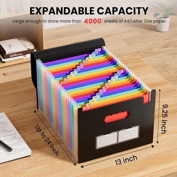 GVDCC-24 Pockets Expanding File Folder with Blank Labels, According File Organizer with Expandable Cover, Desktop Accordion Folders Letter A4 Paper Document Storage Organizer, White