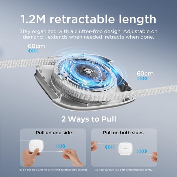 GVDCC -240W USB-C Retractable Cable, PD Fast Charging USB-C to USB-C, Smart Retractable Design, 1.2m (3.94 Ft), 480Mbps Data Transfer, Compact Portable Charger Cable for Laptop Tablet Phone, White