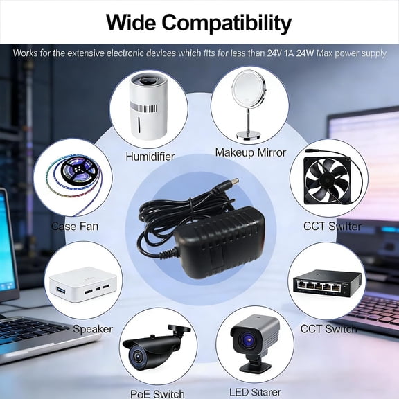 GVDCC -24V 1A Power Supply, AC to DC Adapter 5.5mm x 2.1mm Plug with 8 Interchangeable Connector Tips for LED Strip Lights, CCTV Camera, Power Cord 6.6 FT